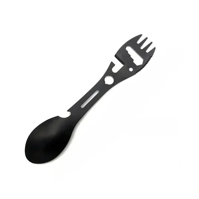 Set de utensilios de campamento Equipo de supervivencia al aire libre de acero inoxidable 5 en 1 vajilla de viaje para senderismo Cubiertos de tenedor Abrecucharas