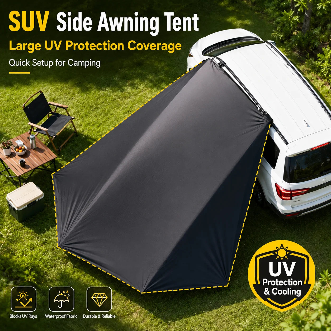 Toldo lateral para SUV, toldo con ventosa y protector UV recubierto de negro plateado para camping autónomo