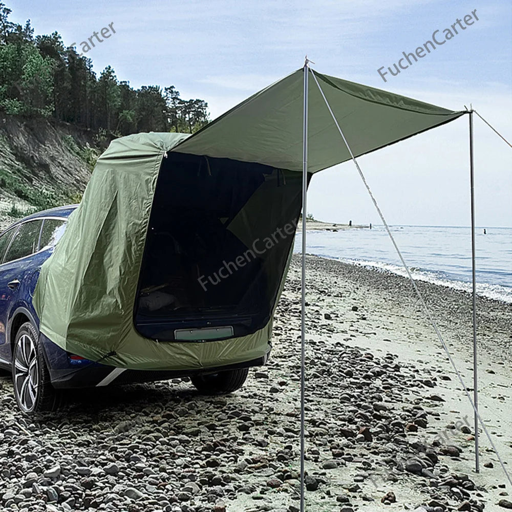 Tienda de copas trasera impermeable anti-UV con toldo extendido, vehículo SUV SUV con techo exterior con protección solar y lluvia