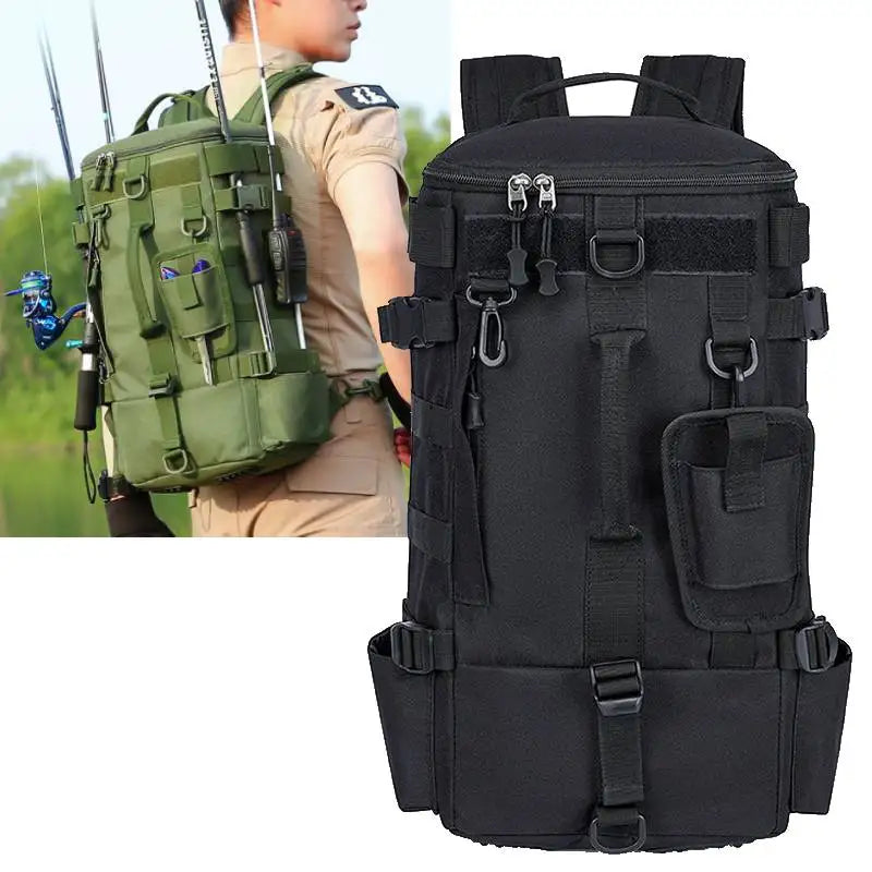 Mochila de pesca táctica con portacañas Almacenamiento de equipo de pesca Molle para acampar Senderismo al aire libre Mochila multifuncional