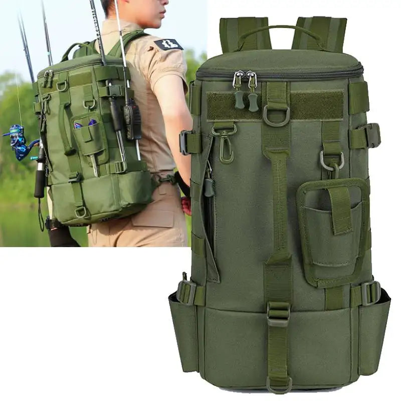Mochila de pesca táctica con portacañas Almacenamiento de equipo de pesca Molle para acampar Senderismo al aire libre Mochila multifuncional