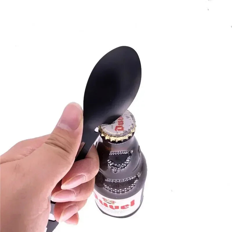 Set de utensilios de campamento Equipo de supervivencia al aire libre de acero inoxidable 5 en 1 vajilla de viaje para senderismo Cubiertos de tenedor Abrecucharas