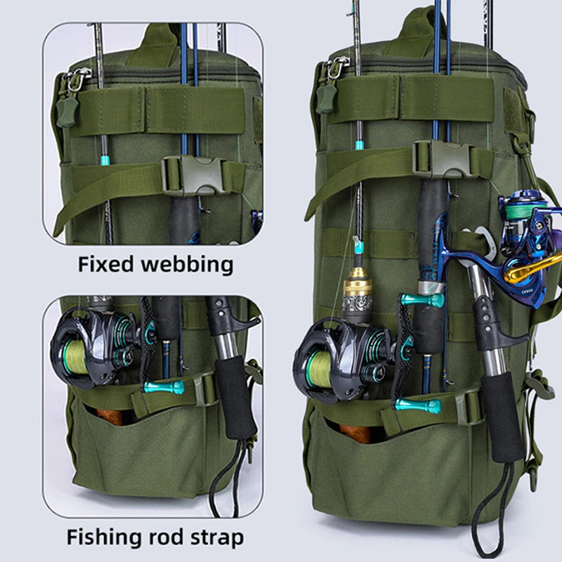 Mochila de pesca táctica con portacañas Almacenamiento de equipo de pesca Molle para acampar Senderismo al aire libre Mochila multifuncional