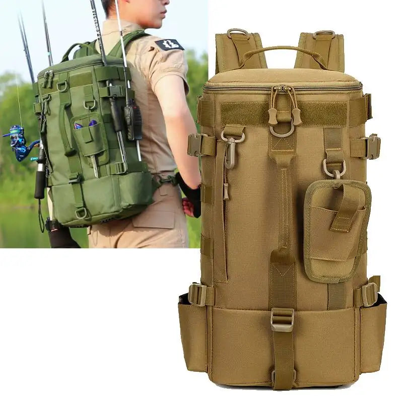 Mochila de pesca táctica con portacañas Almacenamiento de equipo de pesca Molle para acampar Senderismo al aire libre Mochila multifuncional