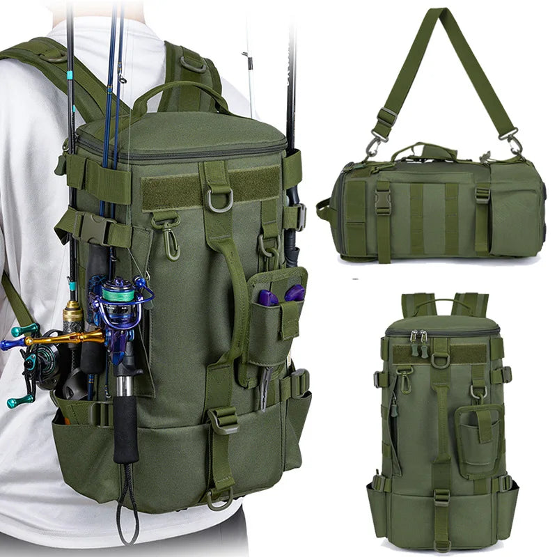 Mochila de pesca táctica con portacañas Almacenamiento de equipo de pesca Molle para acampar Senderismo al aire libre Mochila multifuncional