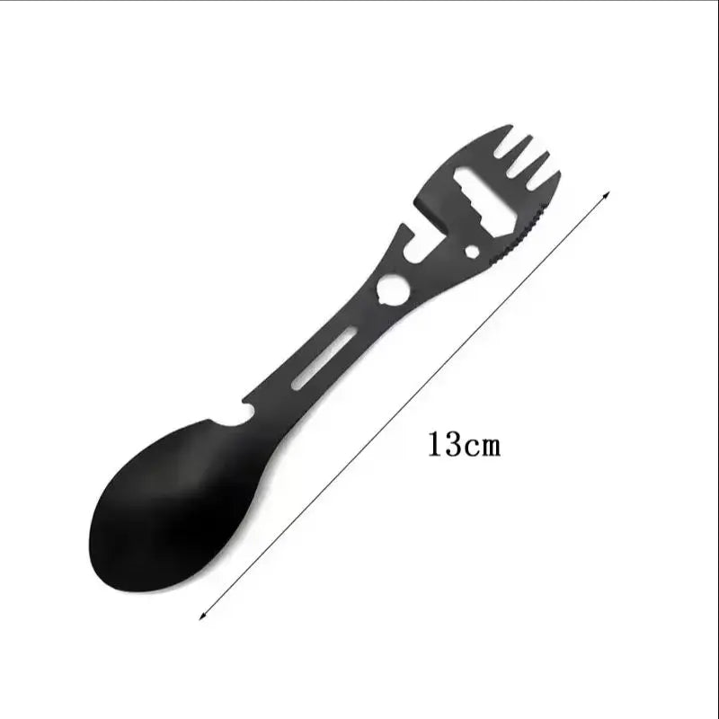 Set de utensilios de campamento Equipo de supervivencia al aire libre de acero inoxidable 5 en 1 vajilla de viaje para senderismo Cubiertos de tenedor Abrecucharas