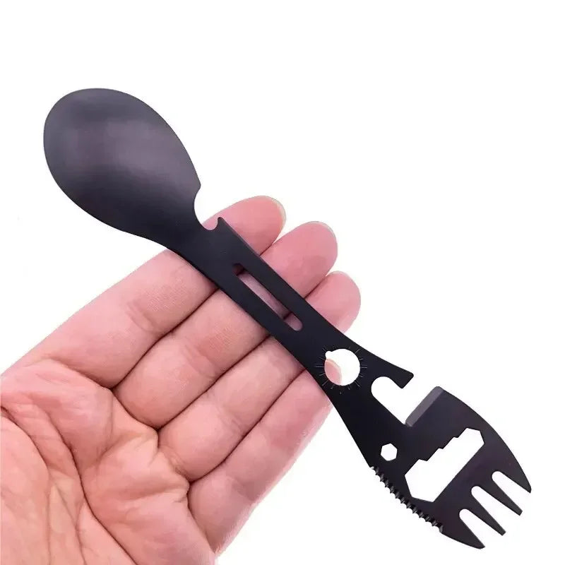 Set de utensilios de campamento Equipo de supervivencia al aire libre de acero inoxidable 5 en 1 vajilla de viaje para senderismo Cubiertos de tenedor Abrecucharas