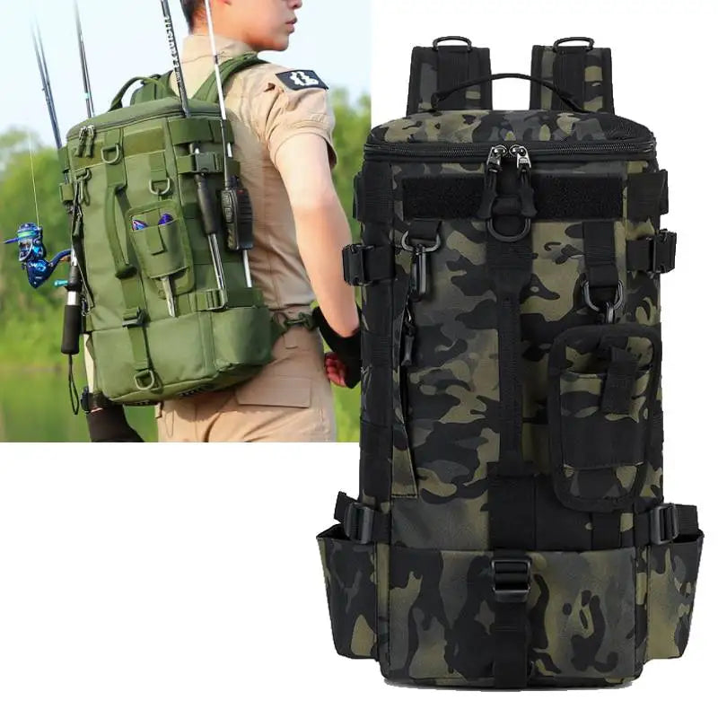 Mochila de pesca táctica con portacañas Almacenamiento de equipo de pesca Molle para acampar Senderismo al aire libre Mochila multifuncional