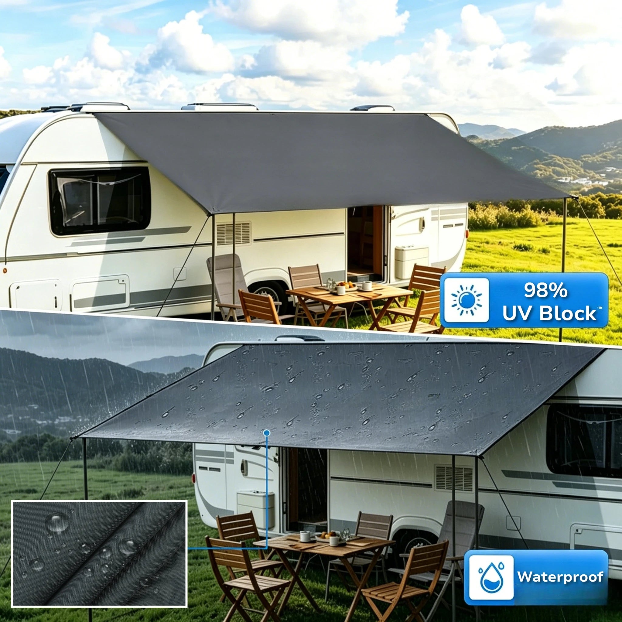 Toldo para autos Sombra para camper van Toldo anti-UV Toldos impermeables para caravanas Techos de auto Refugios laterales para tiendas de campaña con postes de aluminio