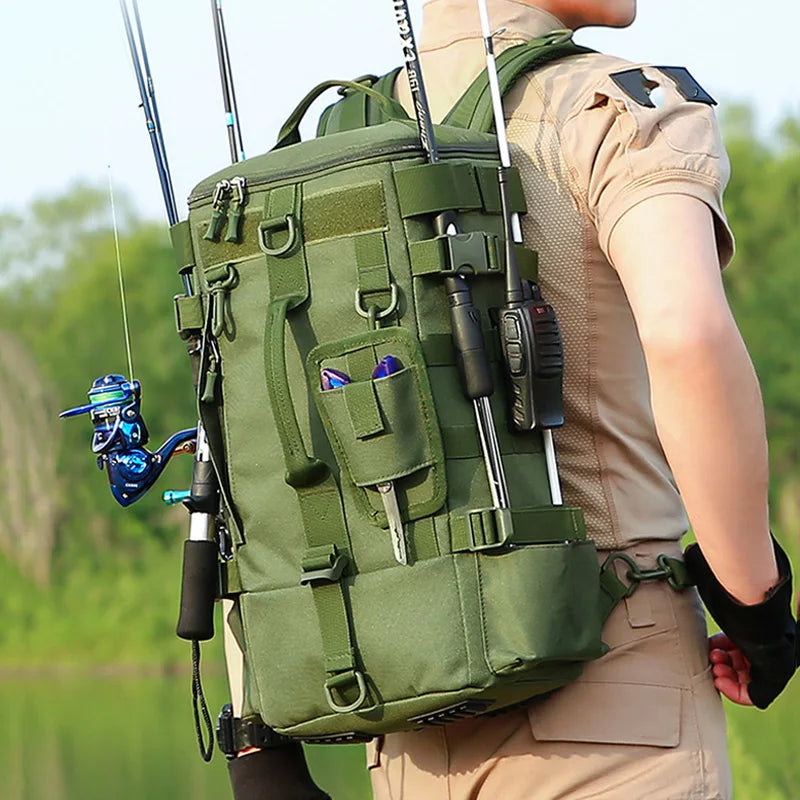 Mochila de pesca táctica con portacañas Almacenamiento de equipo de pesca Molle para acampar Senderismo al aire libre Mochila multifuncional