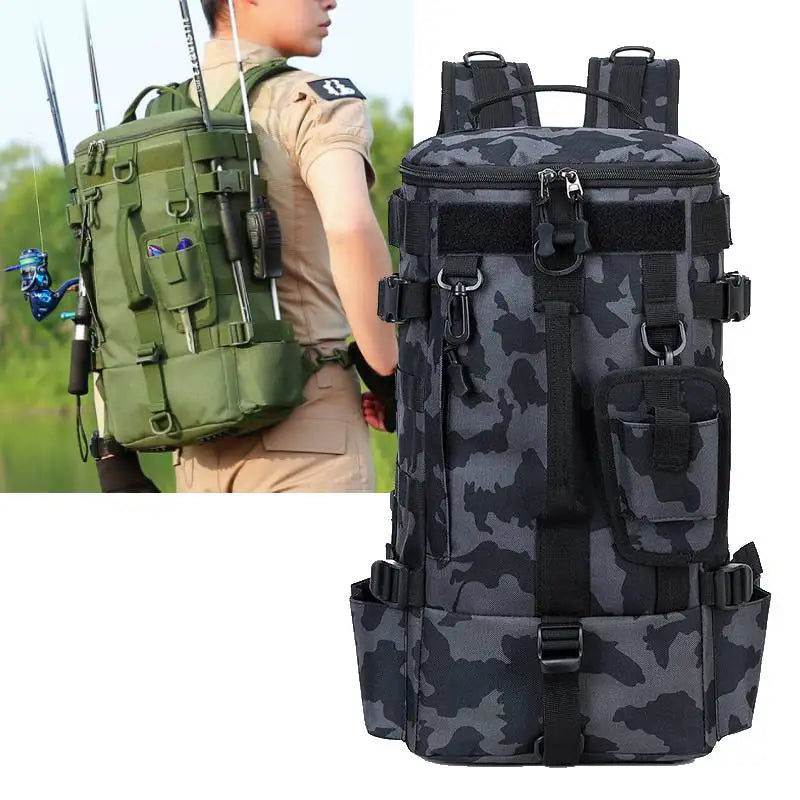 Mochila de pesca táctica con portacañas Almacenamiento de equipo de pesca Molle para acampar Senderismo al aire libre Mochila multifuncional