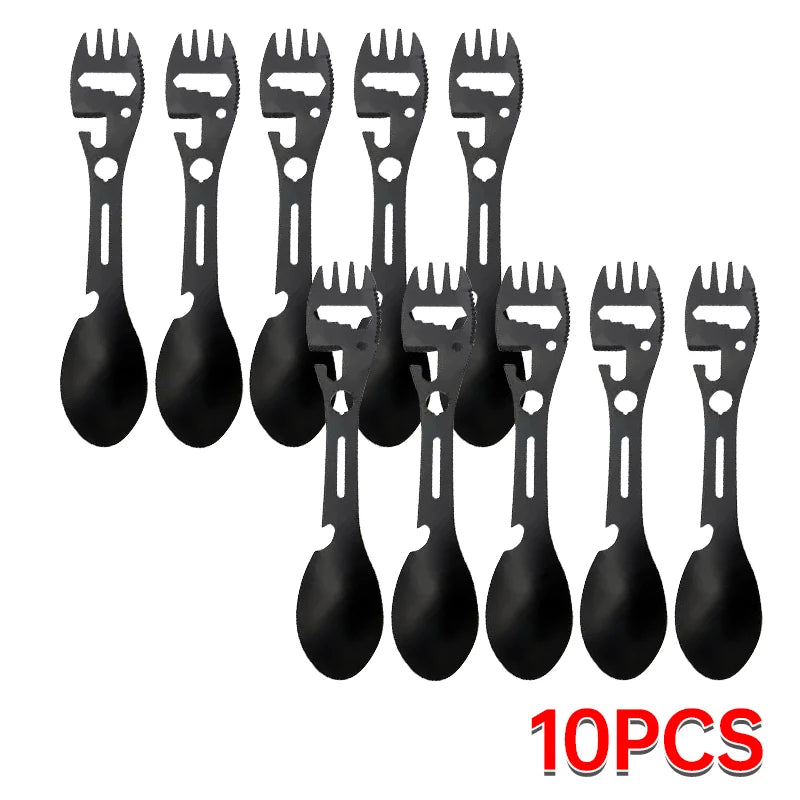 Set de utensilios de campamento Equipo de supervivencia al aire libre de acero inoxidable 5 en 1 vajilla de viaje para senderismo Cubiertos de tenedor Abrecucharas