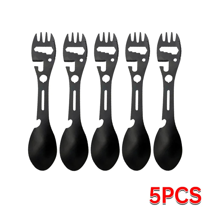 Set de utensilios de campamento Equipo de supervivencia al aire libre de acero inoxidable 5 en 1 vajilla de viaje para senderismo Cubiertos de tenedor Abrecucharas